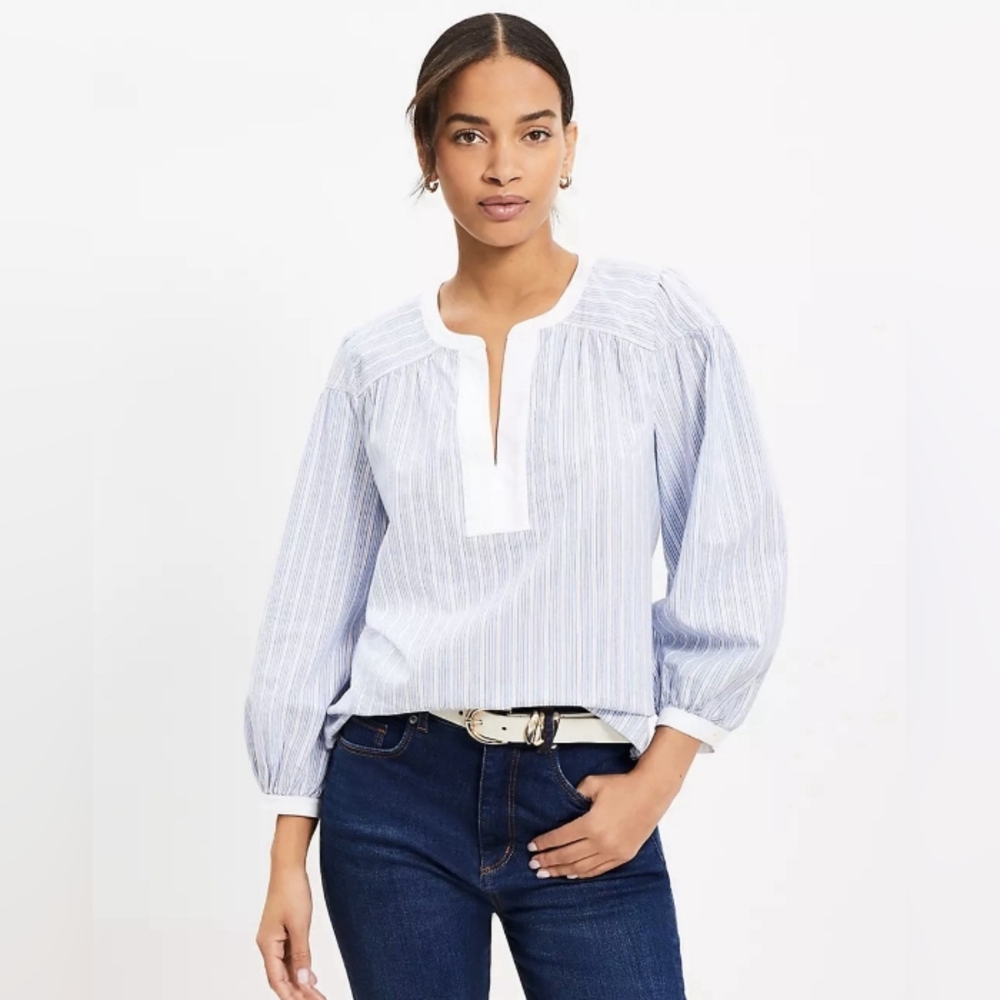 Ann Taylor Loft Striped Quarter Sleeve V Neck Plaid Printed Top Cottagecore